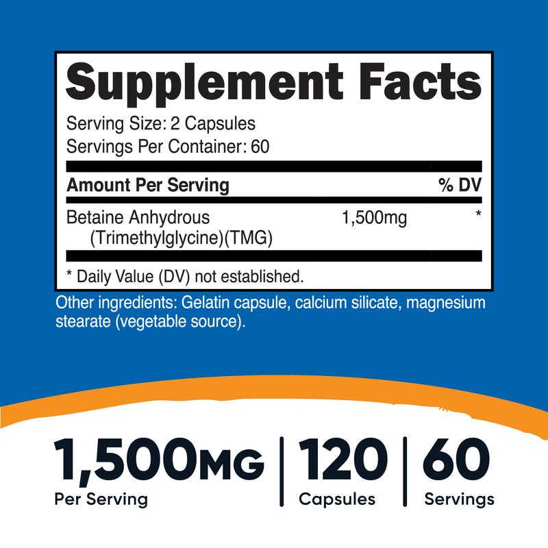 Betaine Anhydrous (TMG) 1500mg, Blood Pressure Support – 180 Capsules